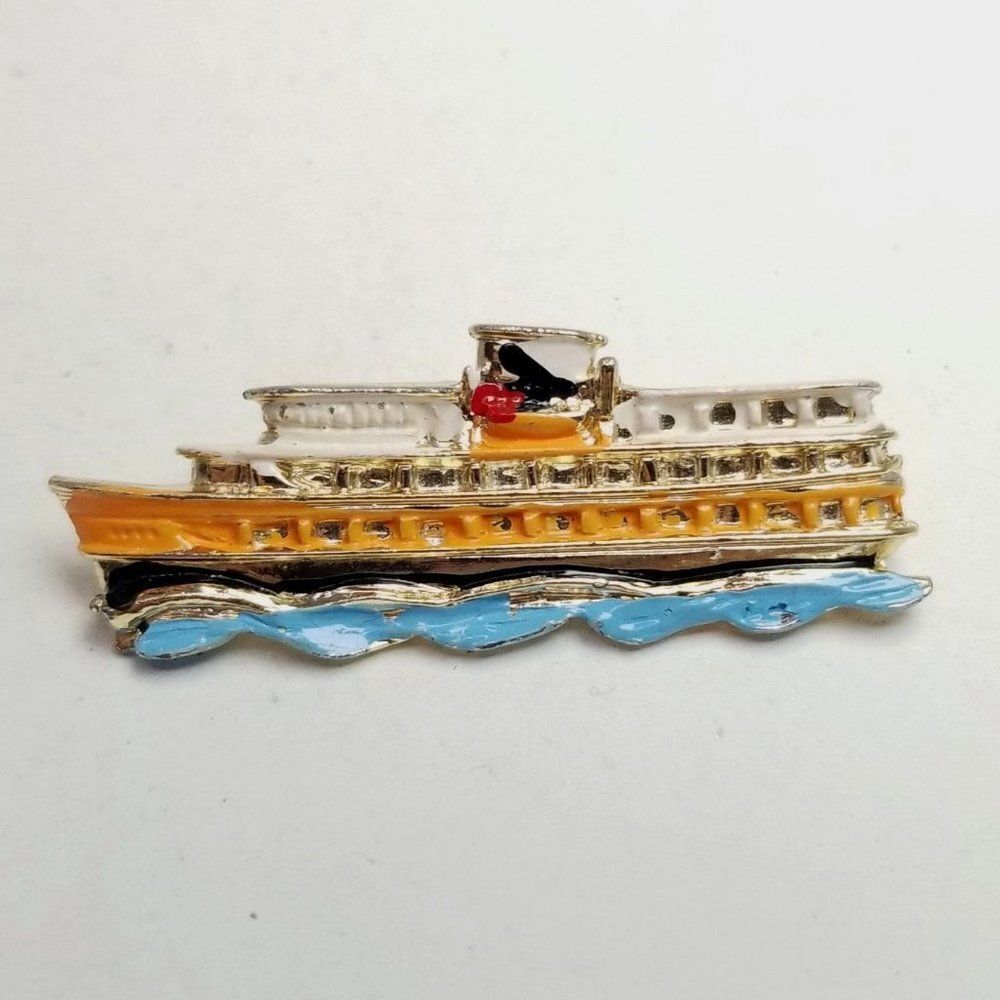 Vintage Enamel Cruise Ship Brooch, Ocean Liner Souvenir Lapel Pin, Colorful